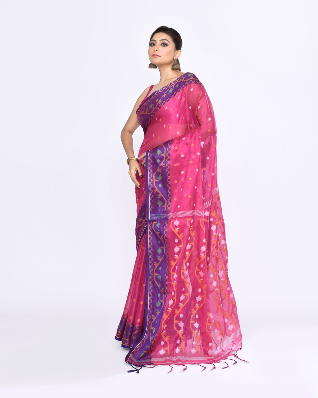 Piyari Fashion Women's Pink Zari Cotton Tissue Jamdani Saree