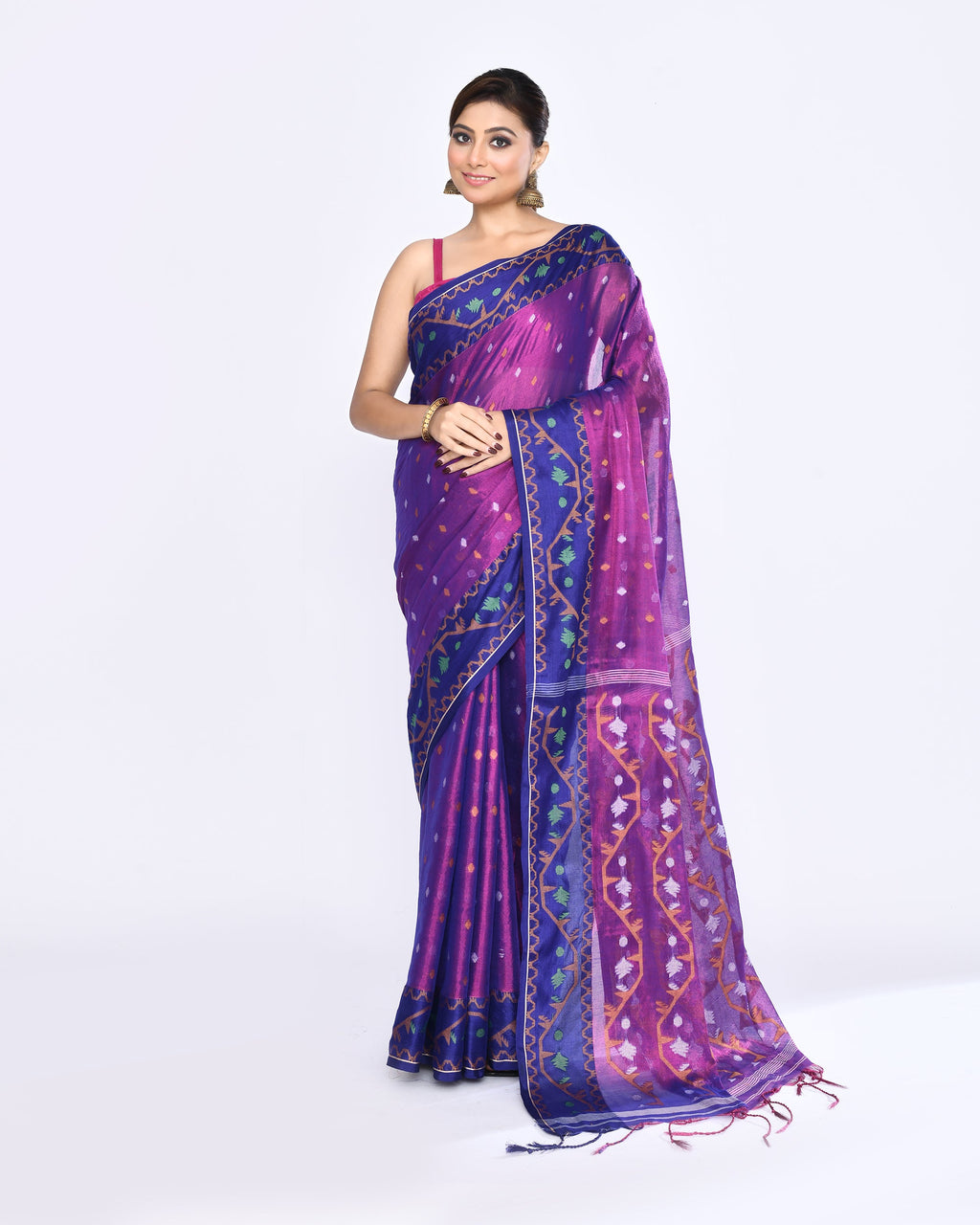 Piyari Fashion Women's Pink Blue Zari Cotton Tissue Jamdani Saree