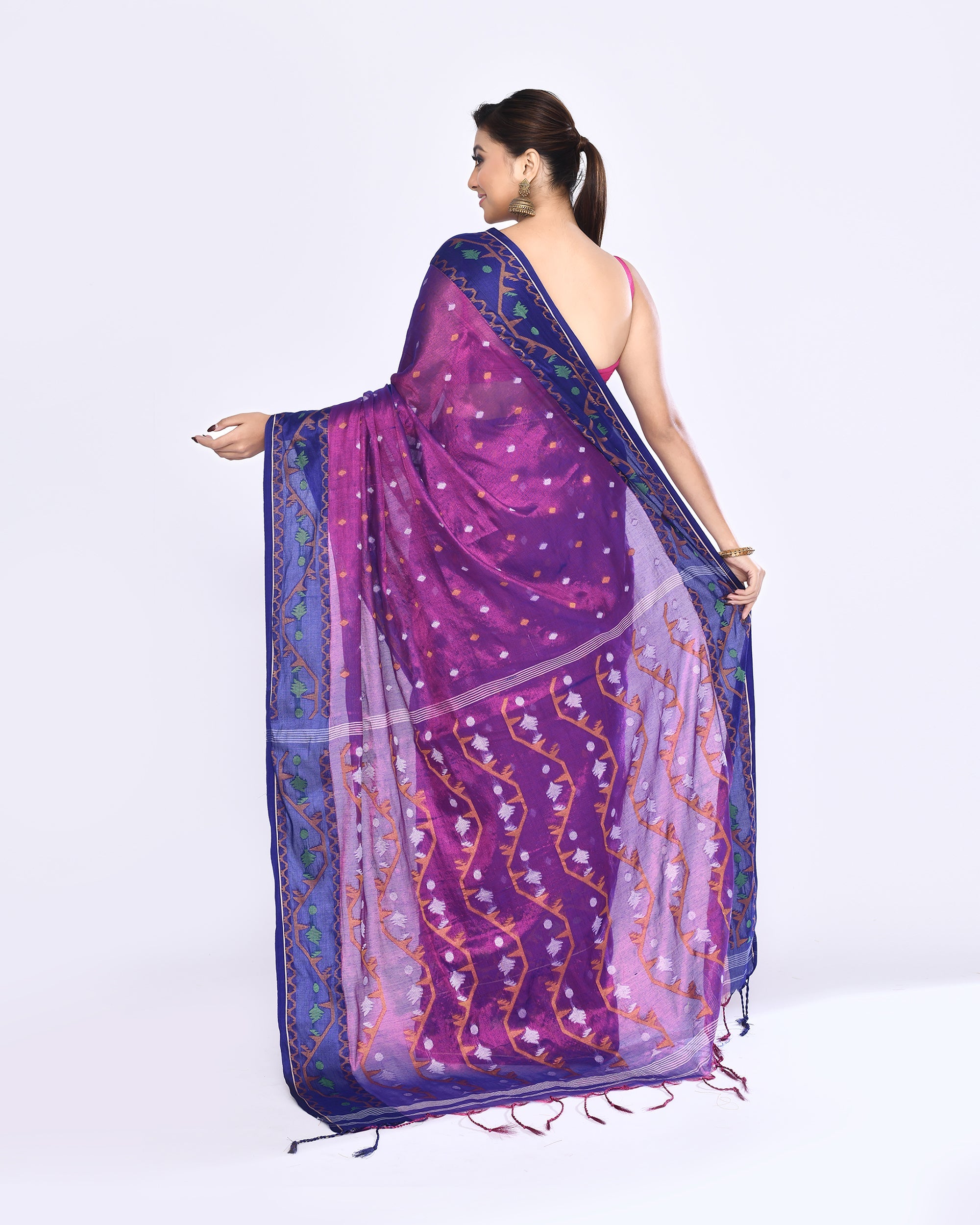 Piyari Fashion Women's Pink Blue Zari Cotton Tissue Jamdani Saree
