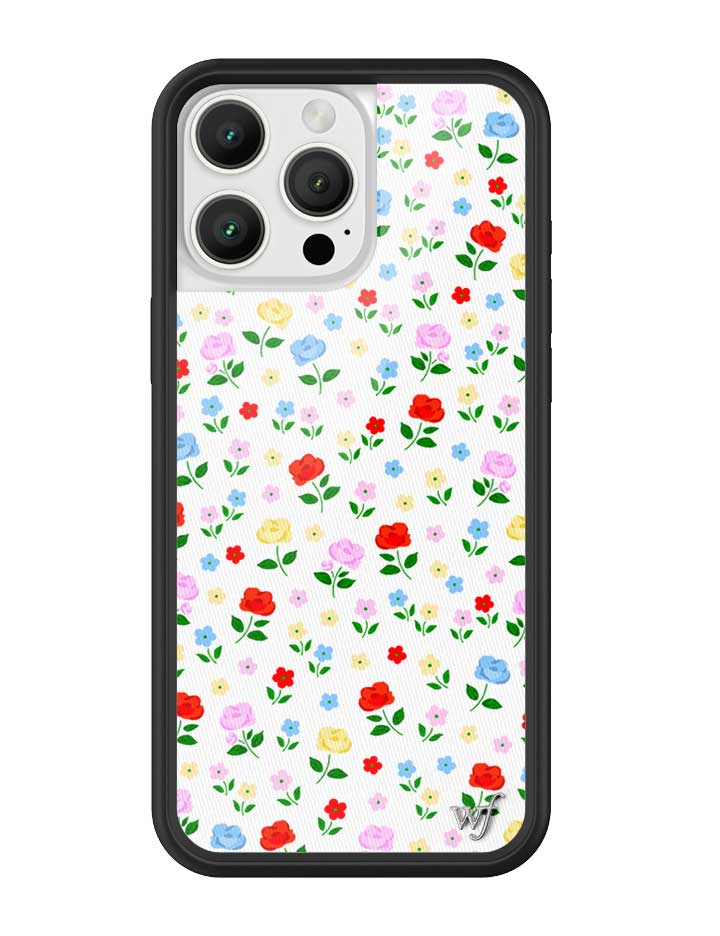 Prairie floral pattern iPhone case with pink, red, blue, and yellow flowers on white background and black bumper