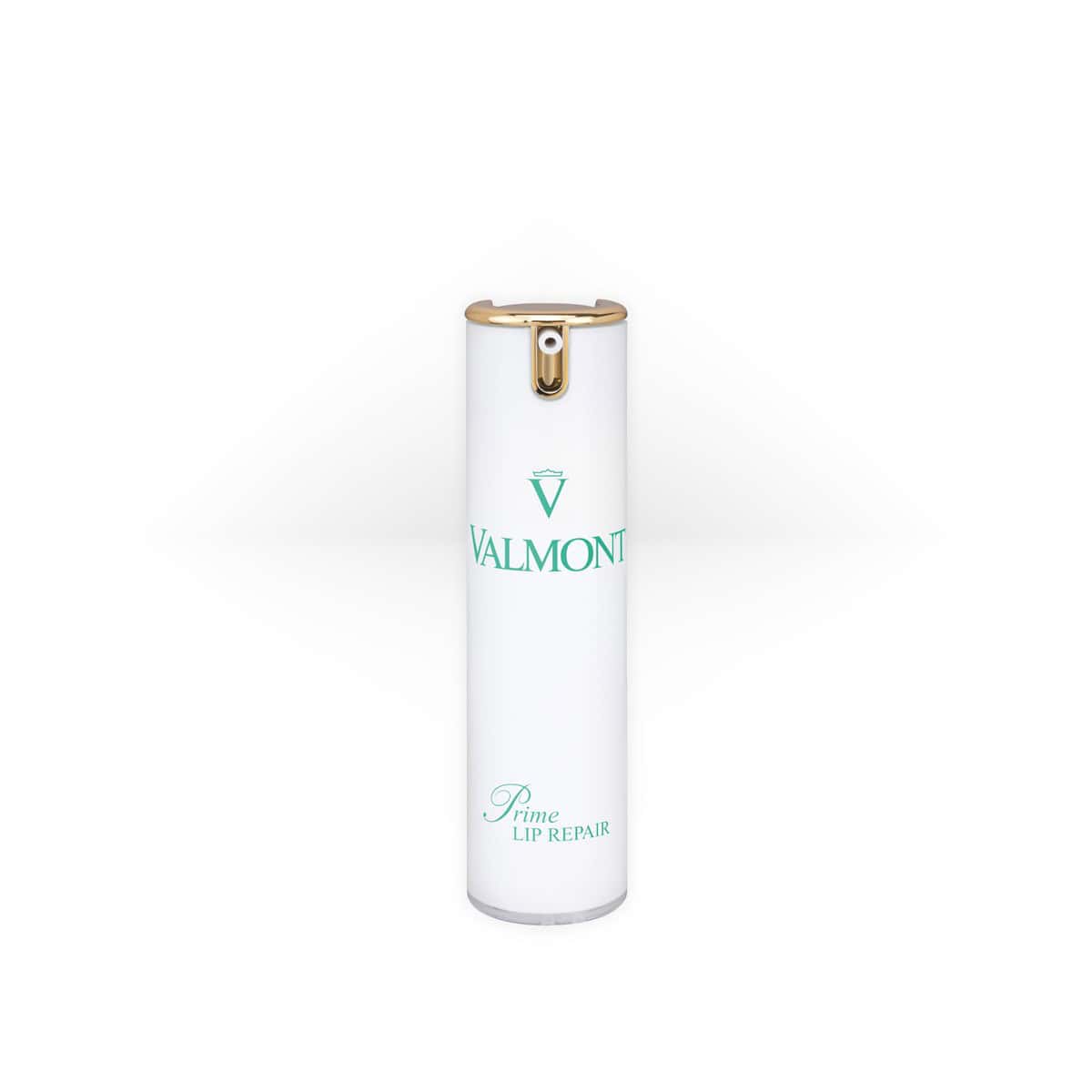 White and gold pump bottle of Valmont Prime Lip Repair tensing cream on a minimalist background.