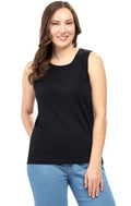 A woman wearing a relaxed fit sleeveless tank top in black, featuring a classic minimalist silhouette.