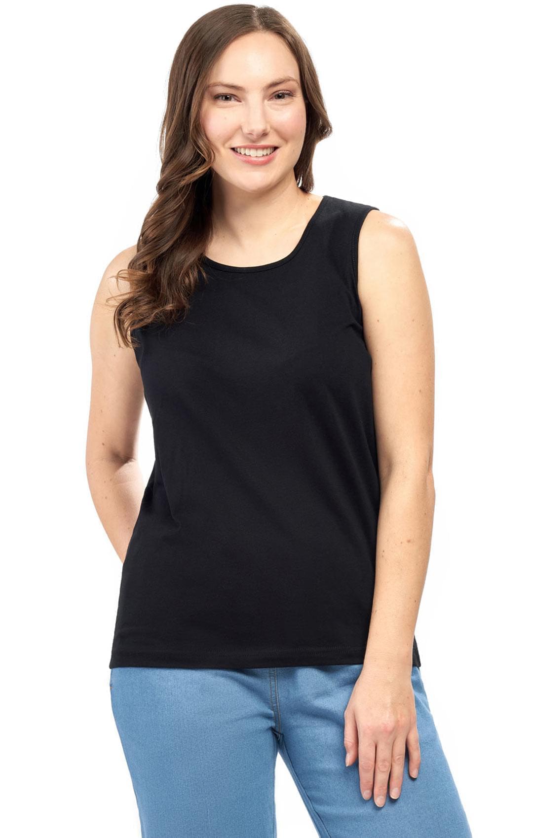 A woman wearing a relaxed fit sleeveless tank top in black, featuring a classic minimalist silhouette.