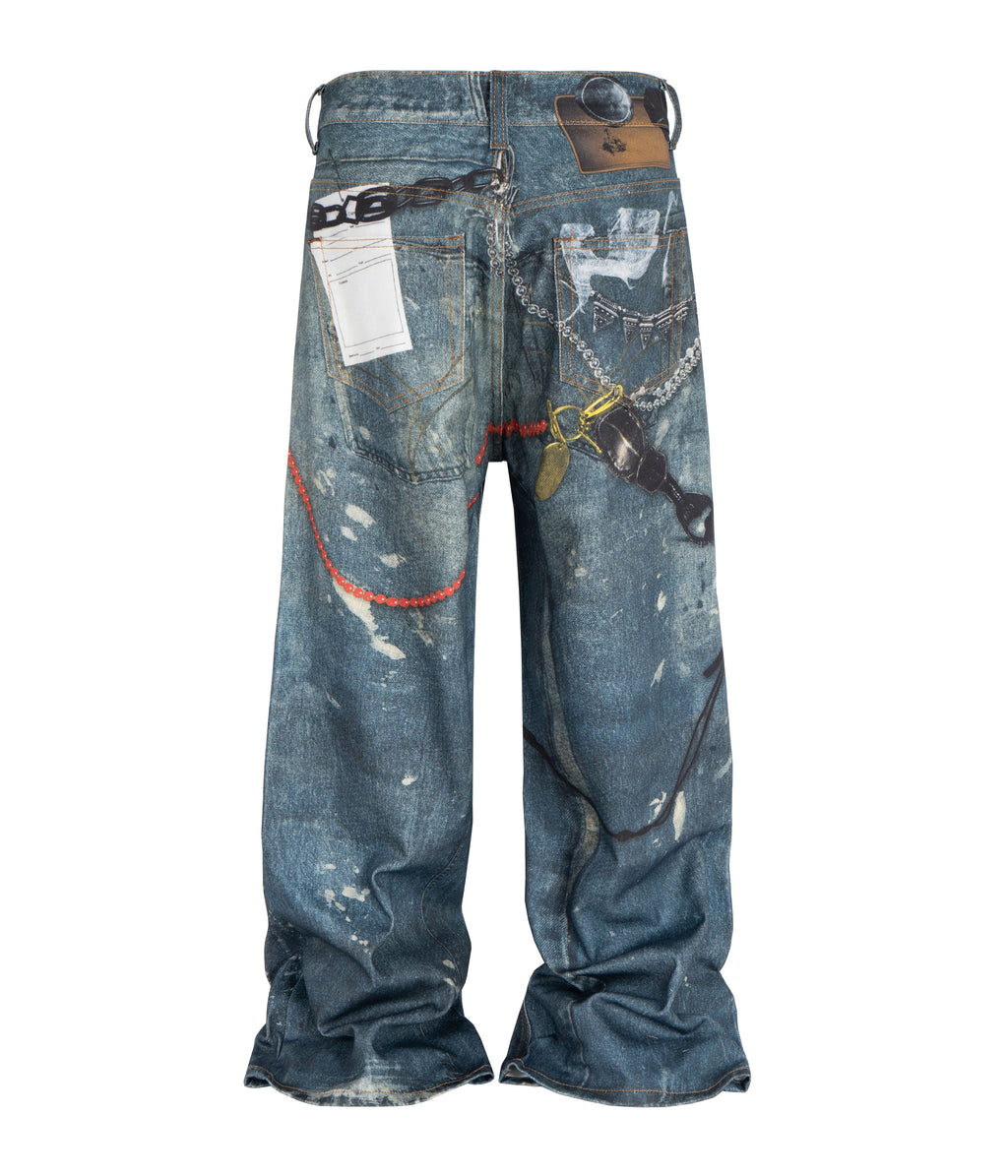 Wideboy Graphic Print Hardware Denim Jeans in Sand Wash - Image 3