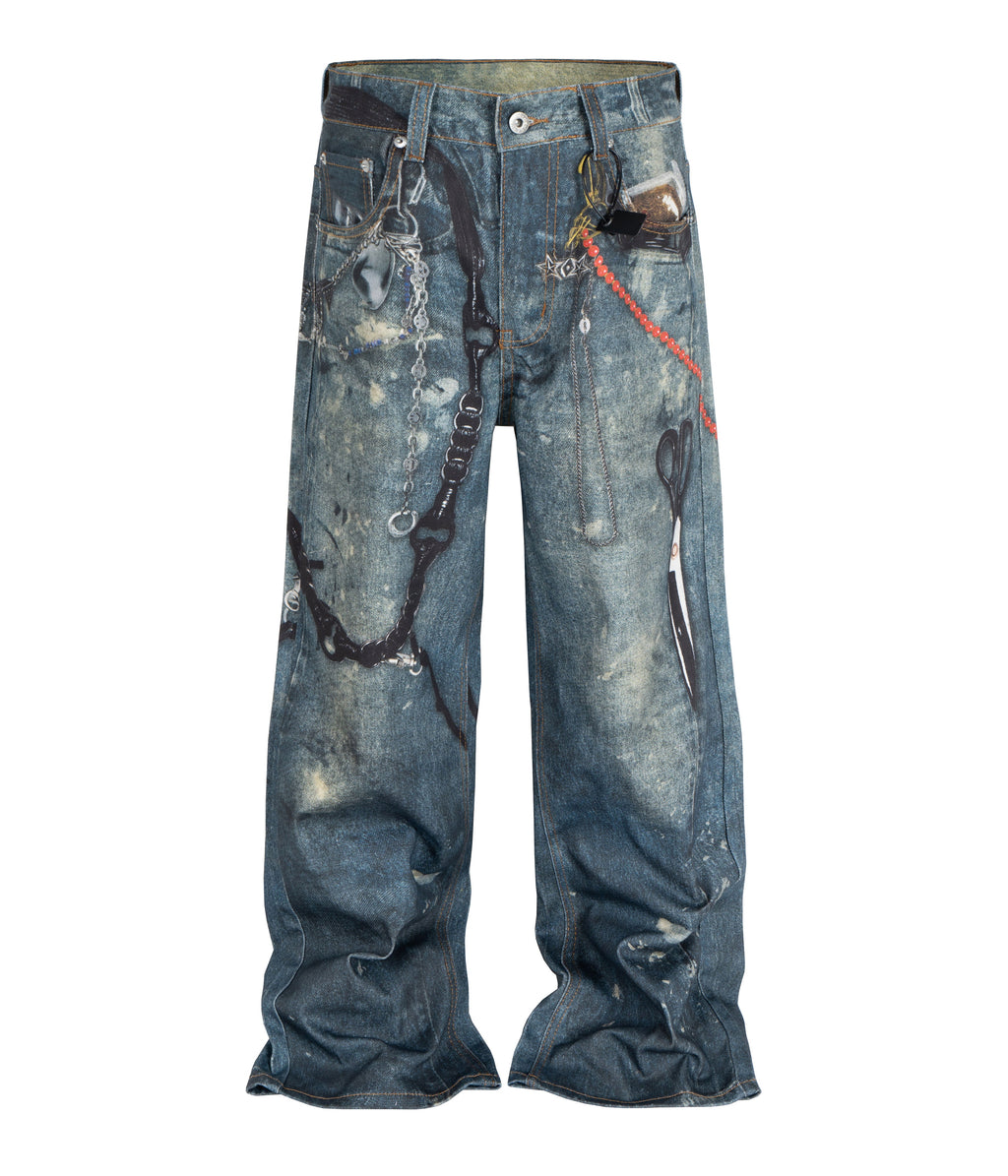 Front view of Wideboy Hardware Denim jeans featuring an all-over graphic print and relaxed fit in sand wash.