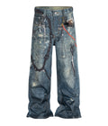 Front view of Wideboy Hardware Denim jeans featuring an all-over graphic print and relaxed fit in sand wash.