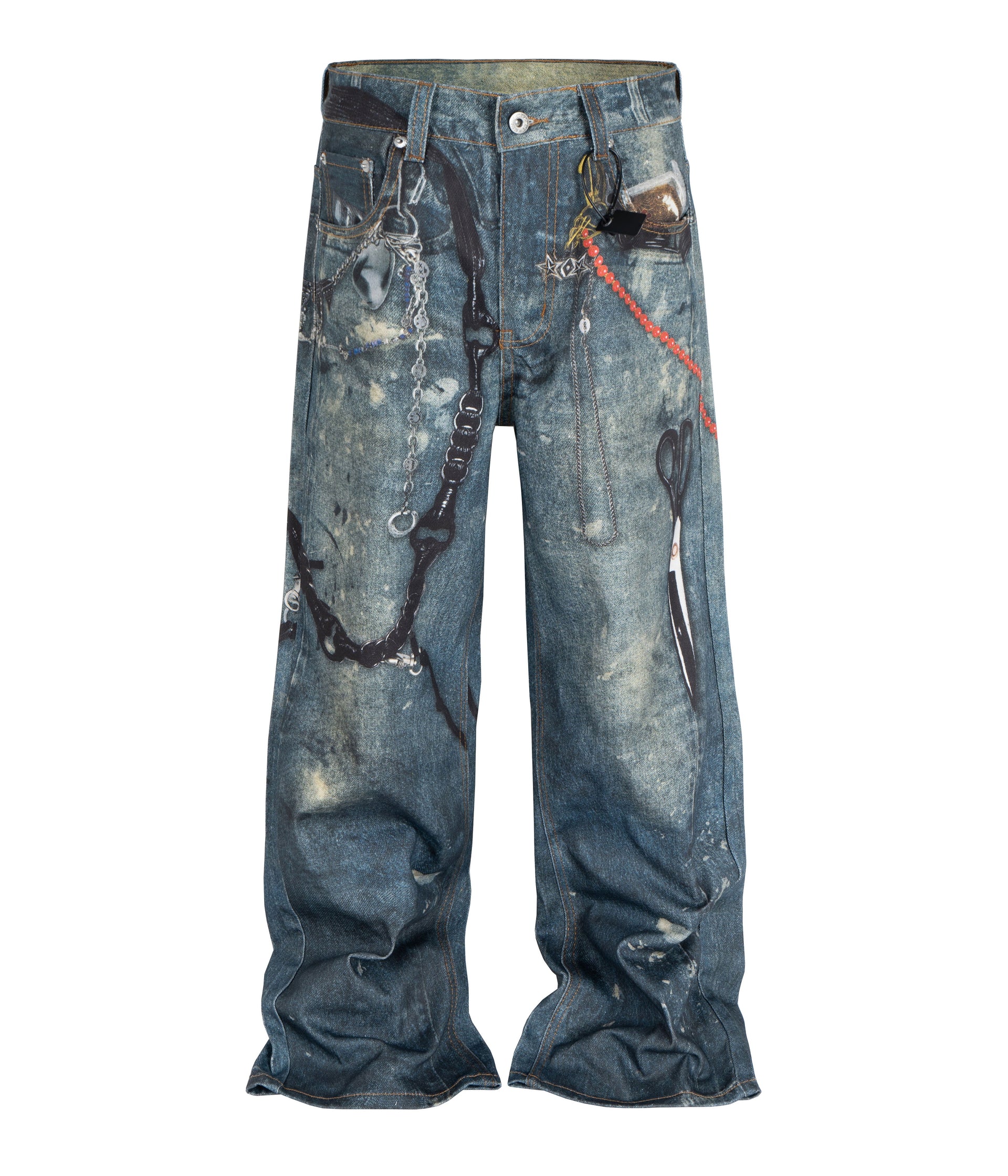Front view of Wideboy Hardware Denim jeans featuring an all-over graphic print and relaxed fit in sand wash.