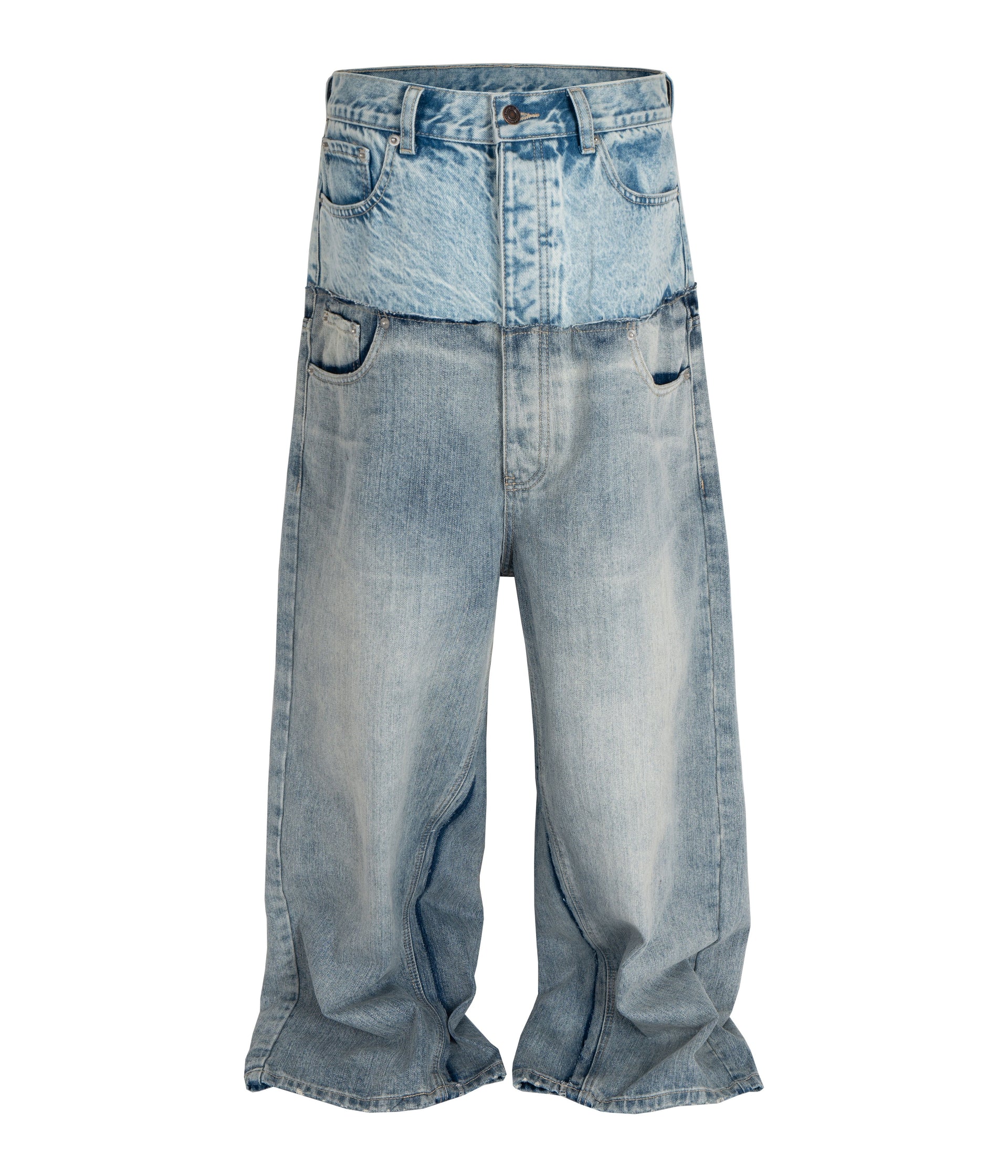 Front view of Wideboy Double Denim baggy fit jeans in light blue wash featuring double-layer contrast panels.