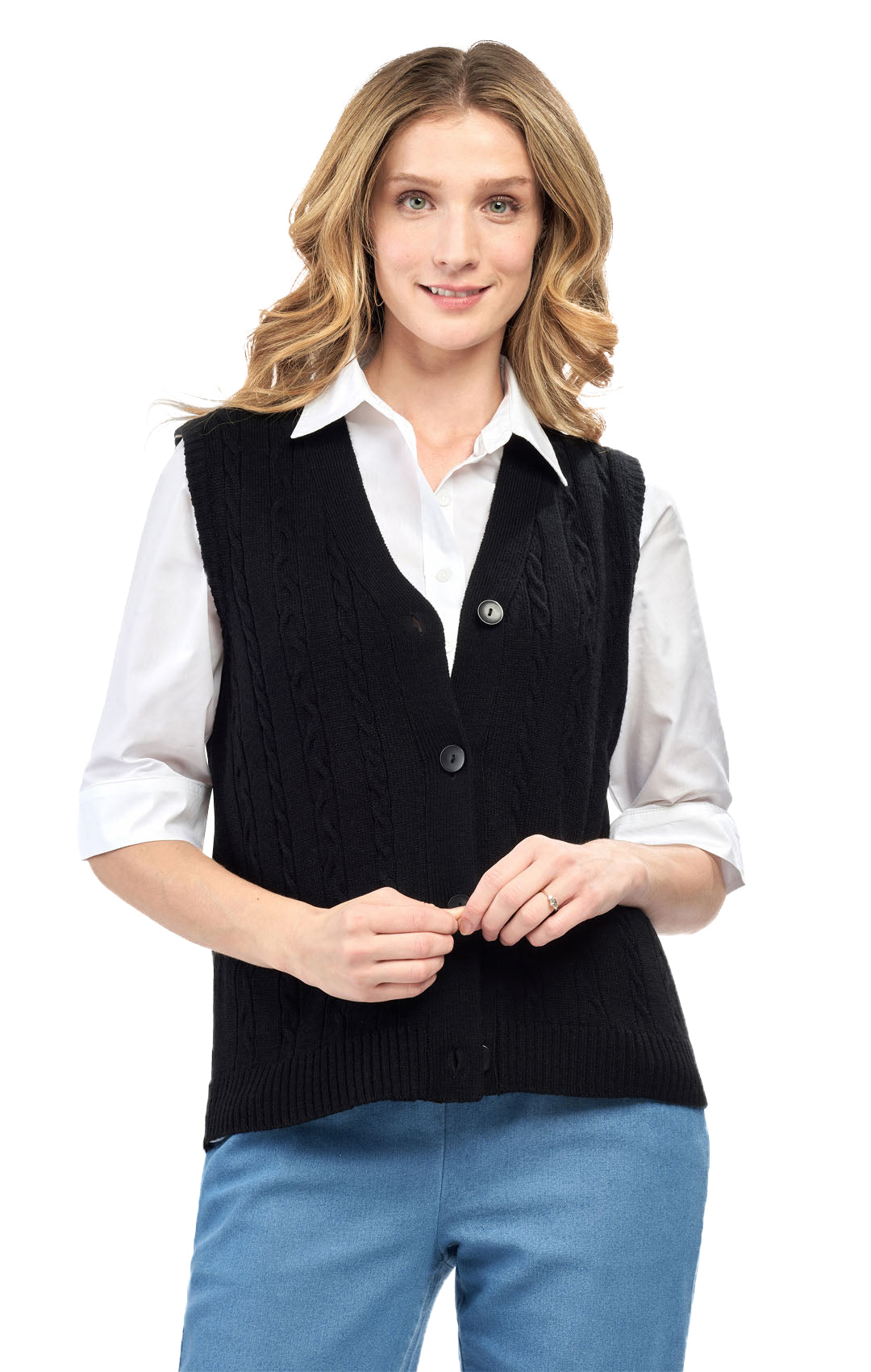 Women's cable knit sweater vest with a button-front closure, shown in a versatile solid knit.