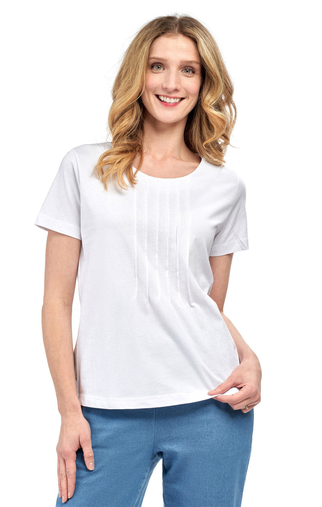 Women's Short Sleeve Pintuck Scoop Neck 100% Cotton Knit T-Shirt