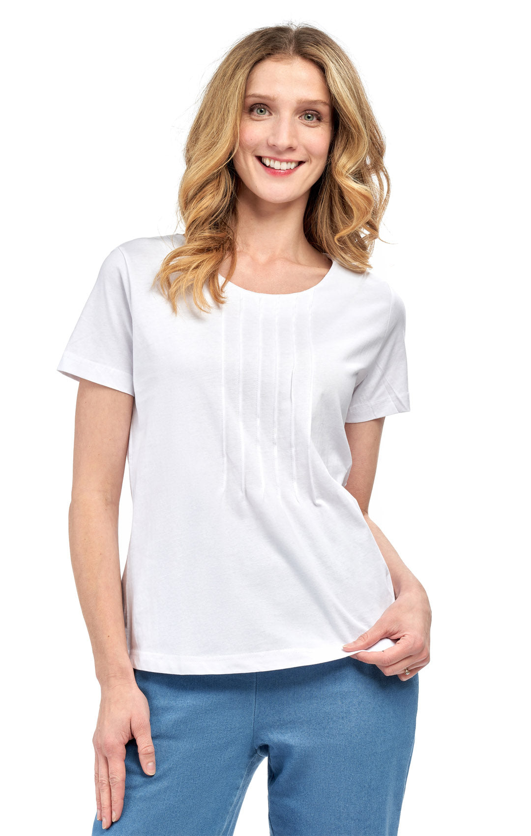 Women's Short Sleeve Pintuck Scoop Neck 100% Cotton Knit T-Shirt - additional view 24