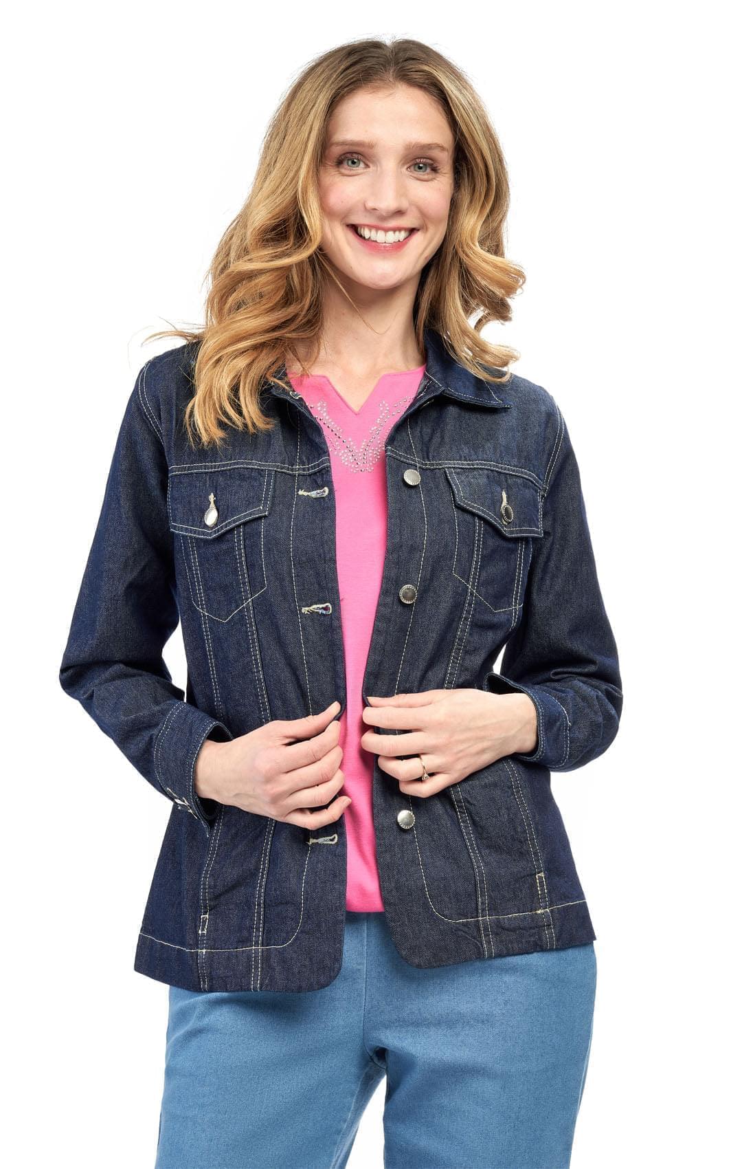 Women's classic dark blue button-front denim jacket with chest pockets