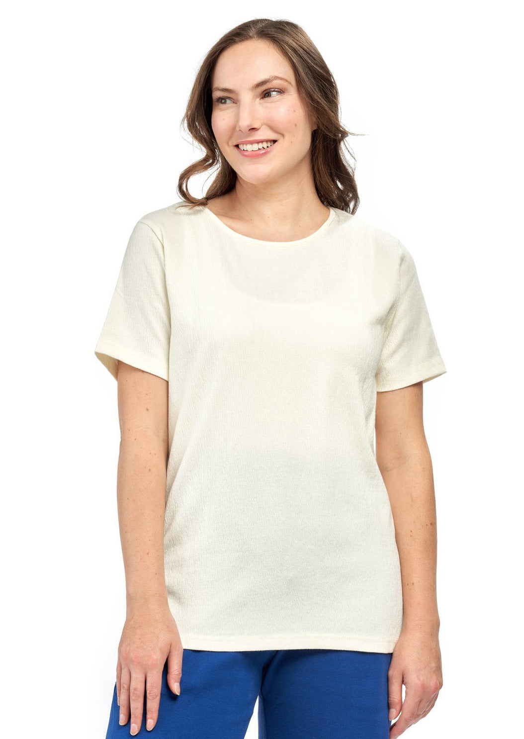 Women's Short Sleeve Textured Knit T-Shirt with Jewel Neckline