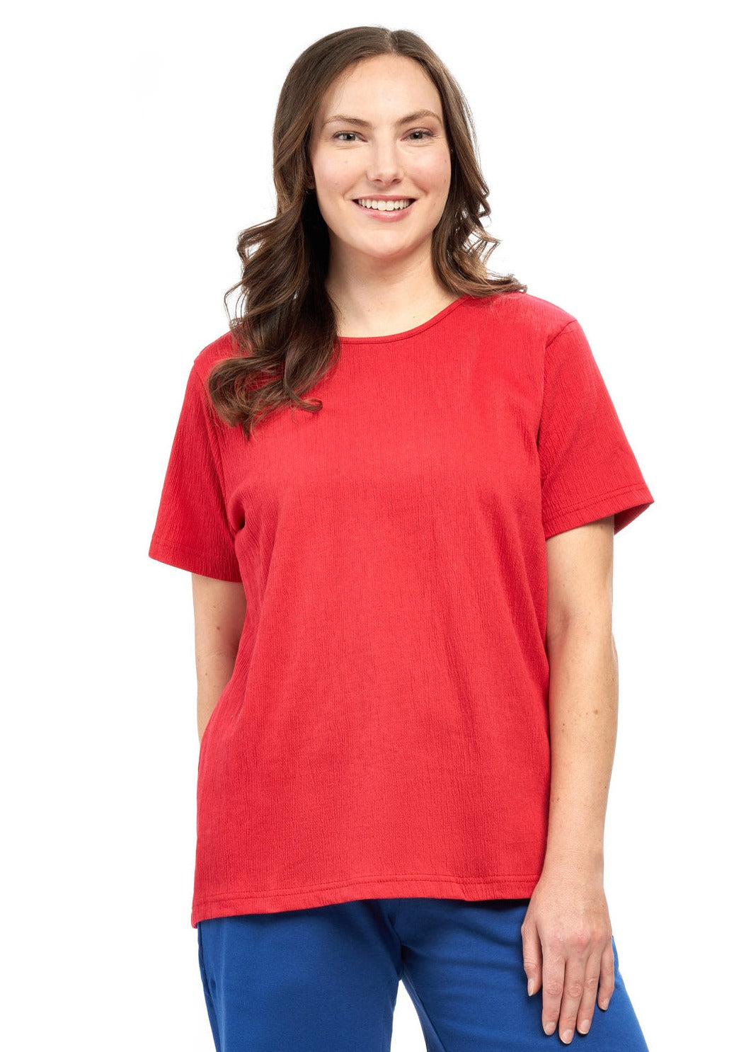 Women's Short Sleeve Textured Knit T-Shirt with Jewel Neckline