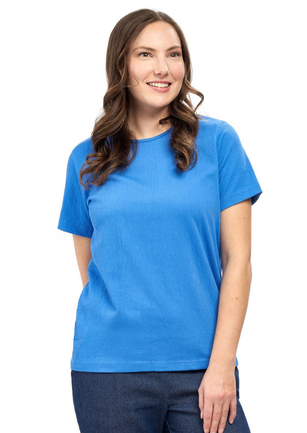 A short sleeve women's knit t-shirt featuring a jewel neckline and subtle all-over texture in off-white.