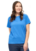 A short sleeve women's knit t-shirt featuring a jewel neckline and subtle all-over texture in off-white.