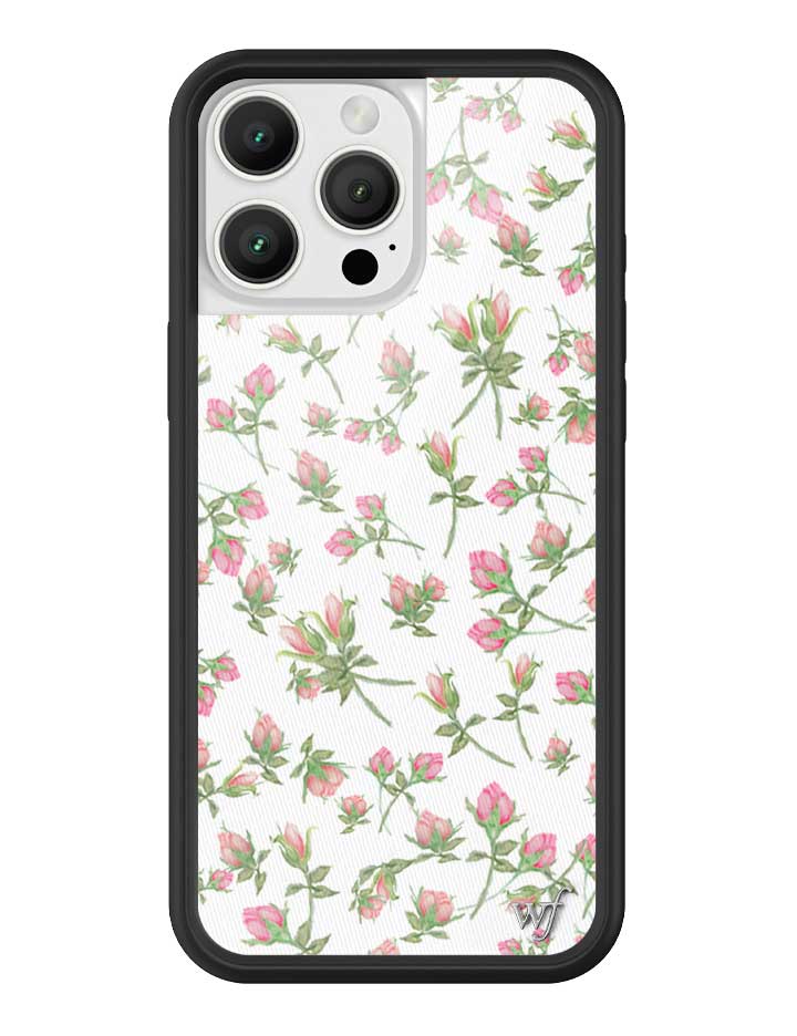Posie Rosie iPhone case featuring a delicate pink rose print and a black protective rubber bumper