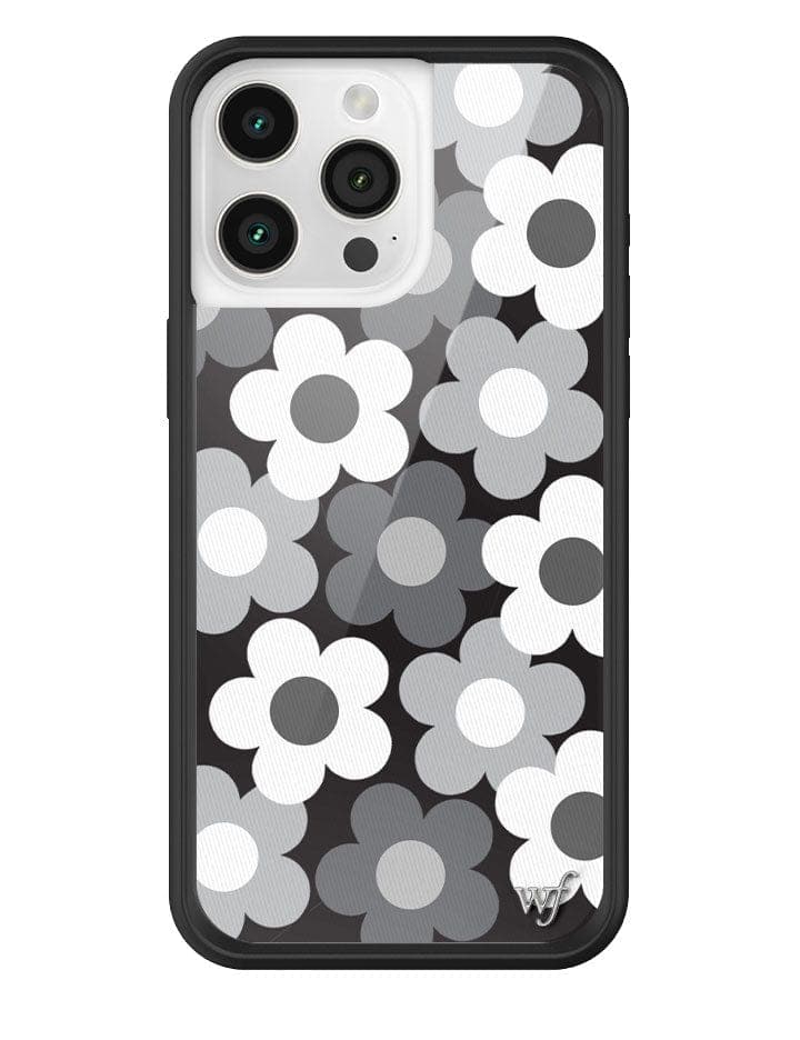 Priscilla iPhone case featuring a black and white floral pattern with a signature silver wf logo emblem on a black rubber bumper.