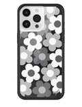 Priscilla iPhone case featuring a black and white floral pattern with a signature silver wf logo emblem on a black rubber bumper.