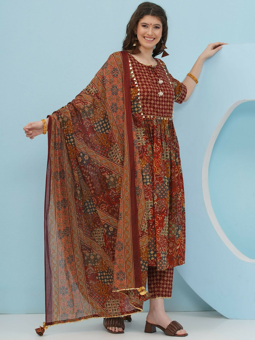 Brown Cotton Suit Set for Women