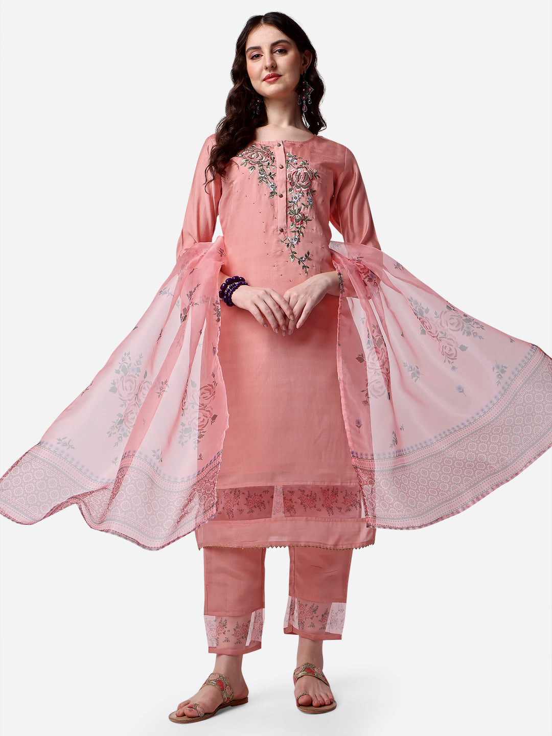 Multicolor embroidered kurta set with matching pants and dupatta in soft rayon fabric