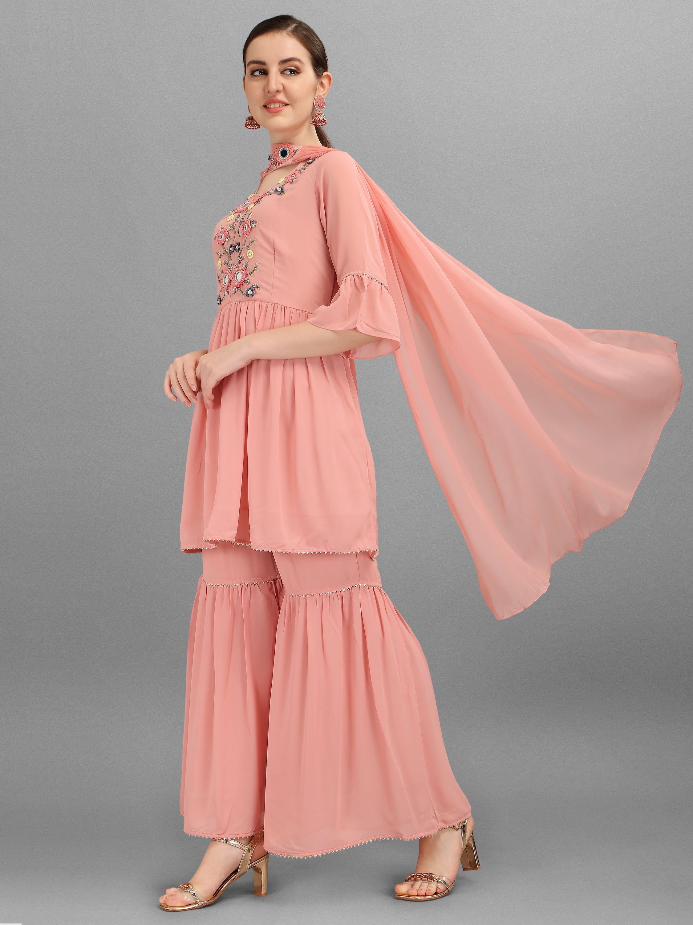 Multicolor georgette embellished kurta paired with a matching sharara and dupatta set