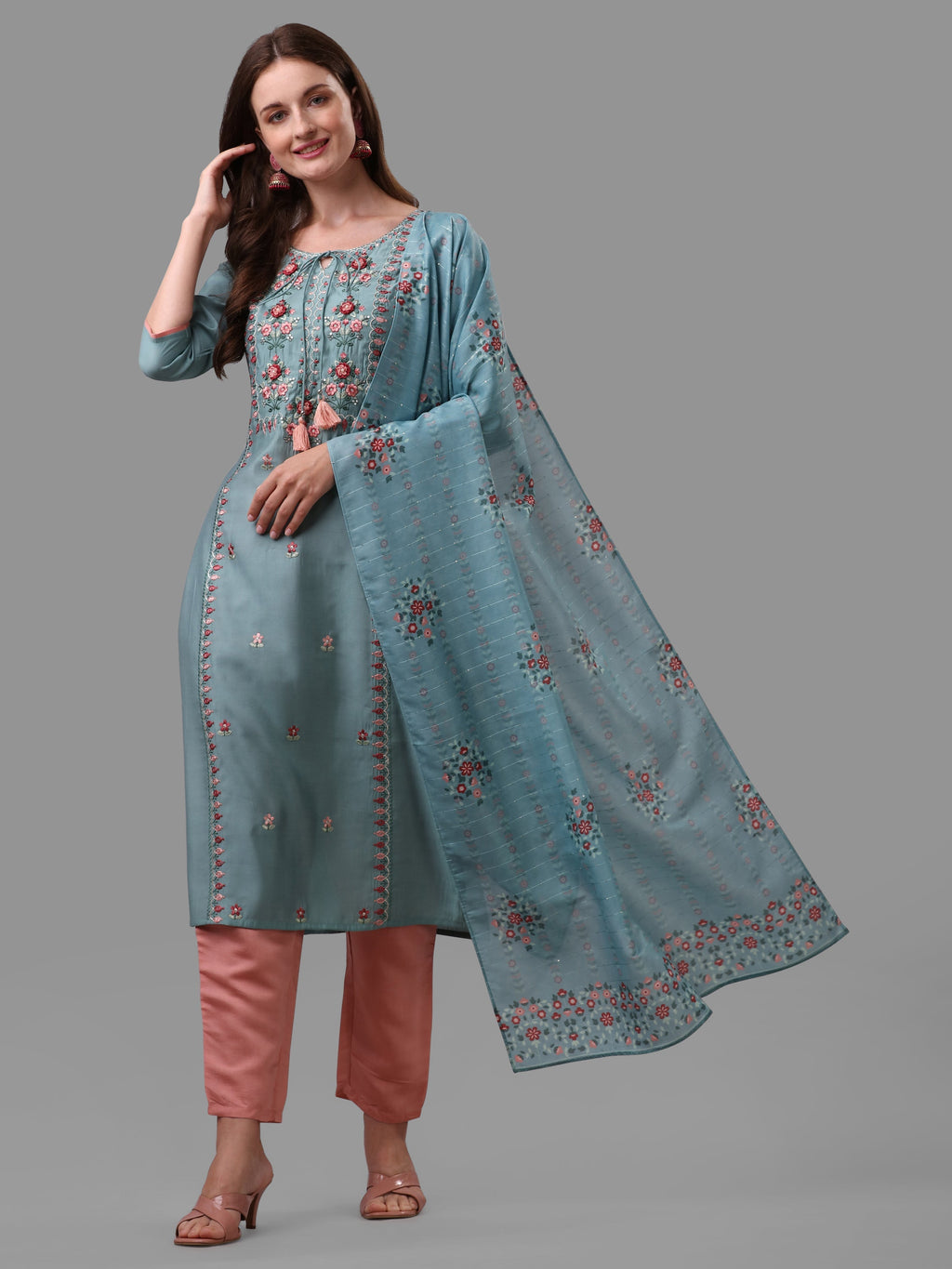 A beautiful blue rayon embroidered kurta set with matching pants and dupatta.