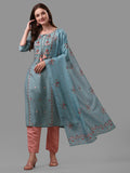A beautiful blue rayon embroidered kurta set with matching pants and dupatta.
