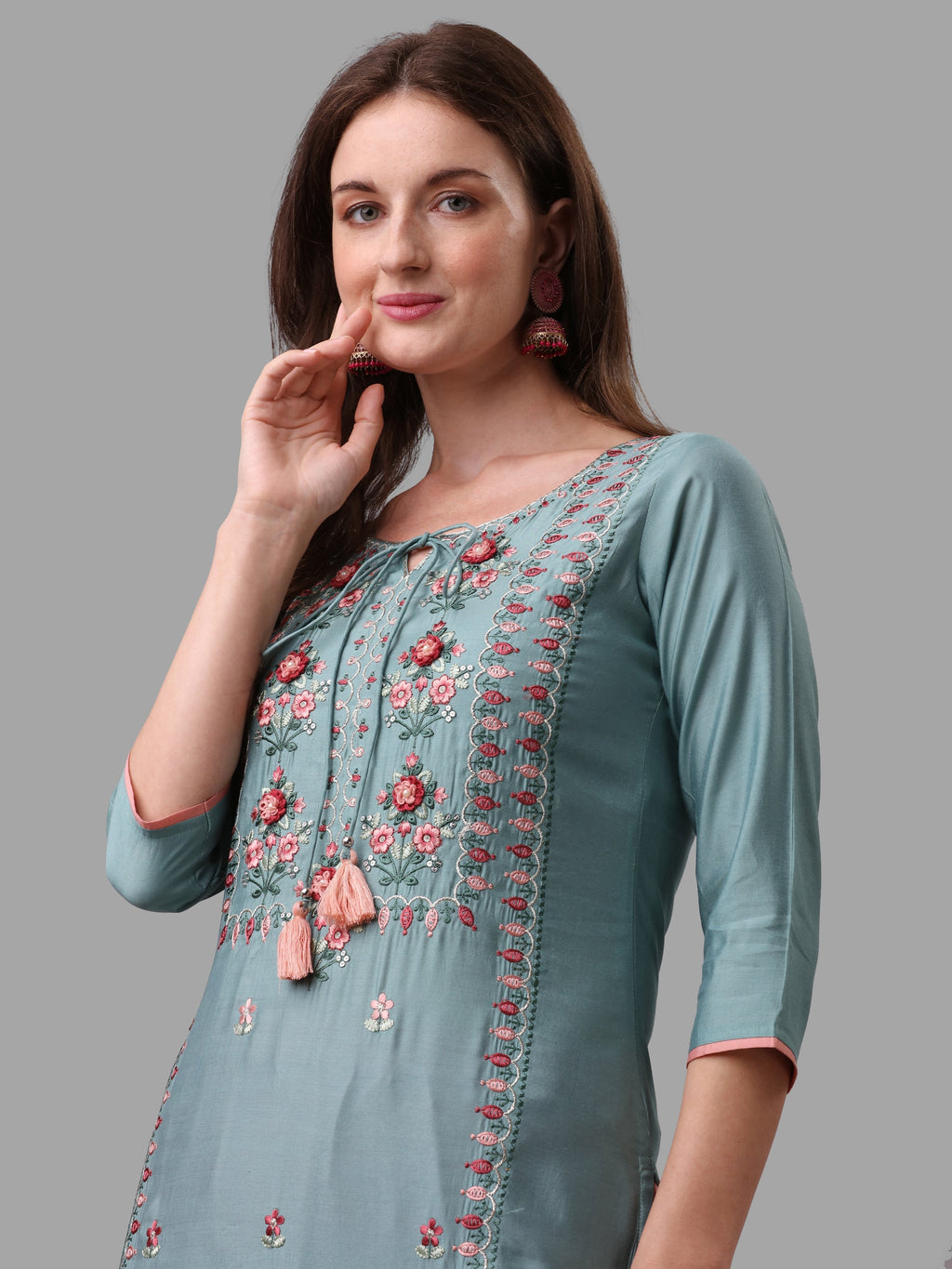 Blue Embroidered Kurta Pant and Dupatta Set in Rayon