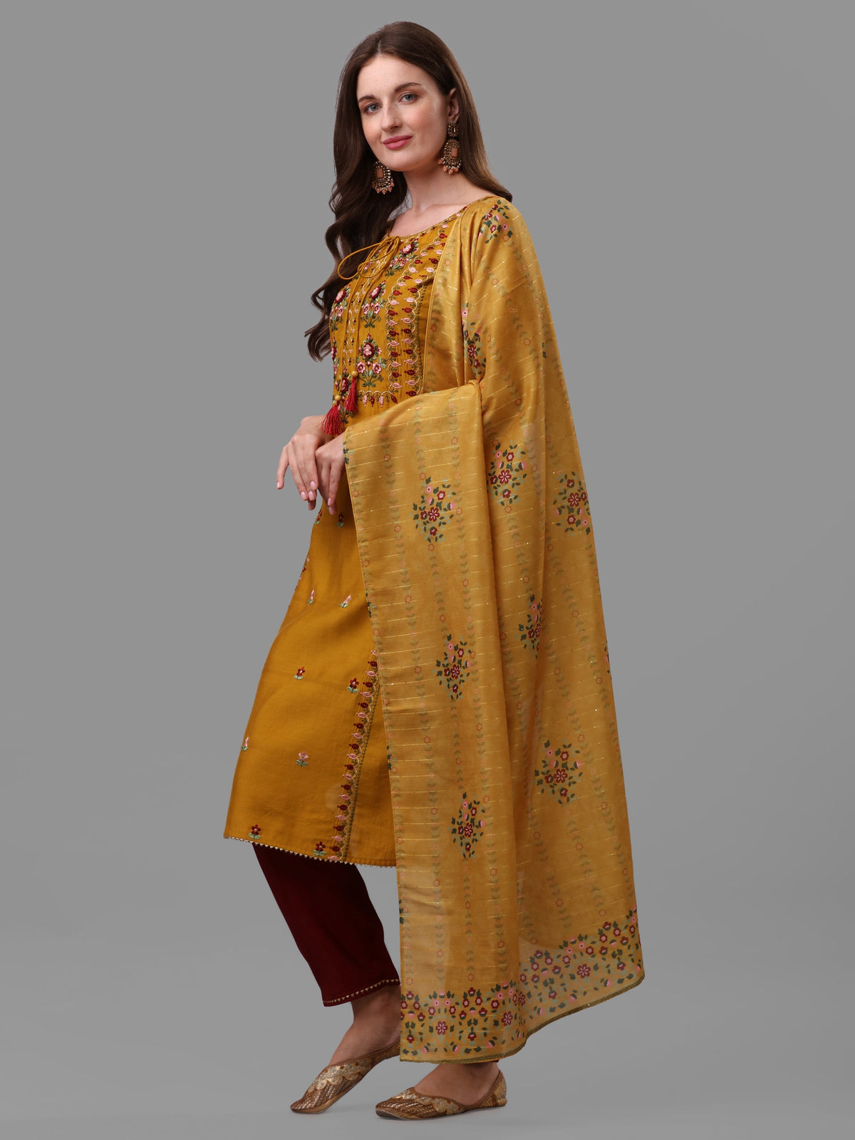 Mustard Embroidered Rayon Kurta Pant and Dupatta Set for Women