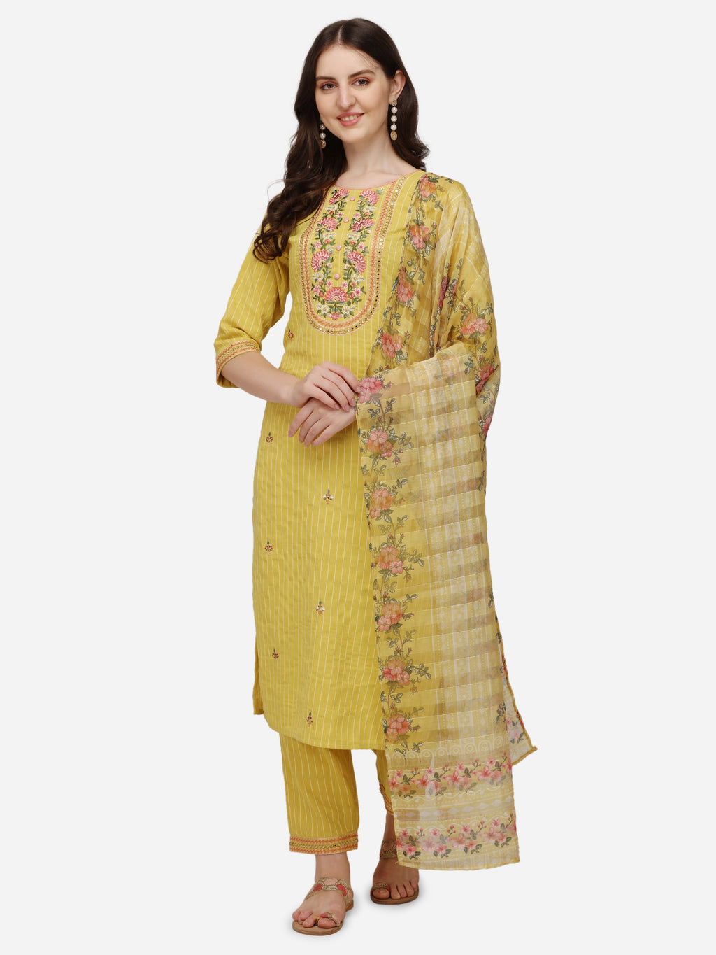 Woman wearing a multicolor embroidered rayon kurta set with matching pants and dupatta