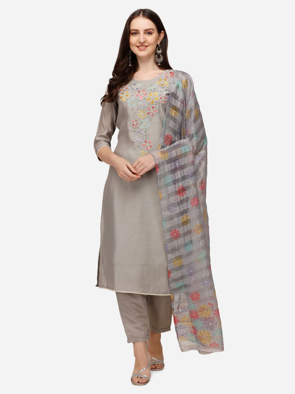 Multicolor hand-embroidered rayon kurta set with printed dupatta and matching pants