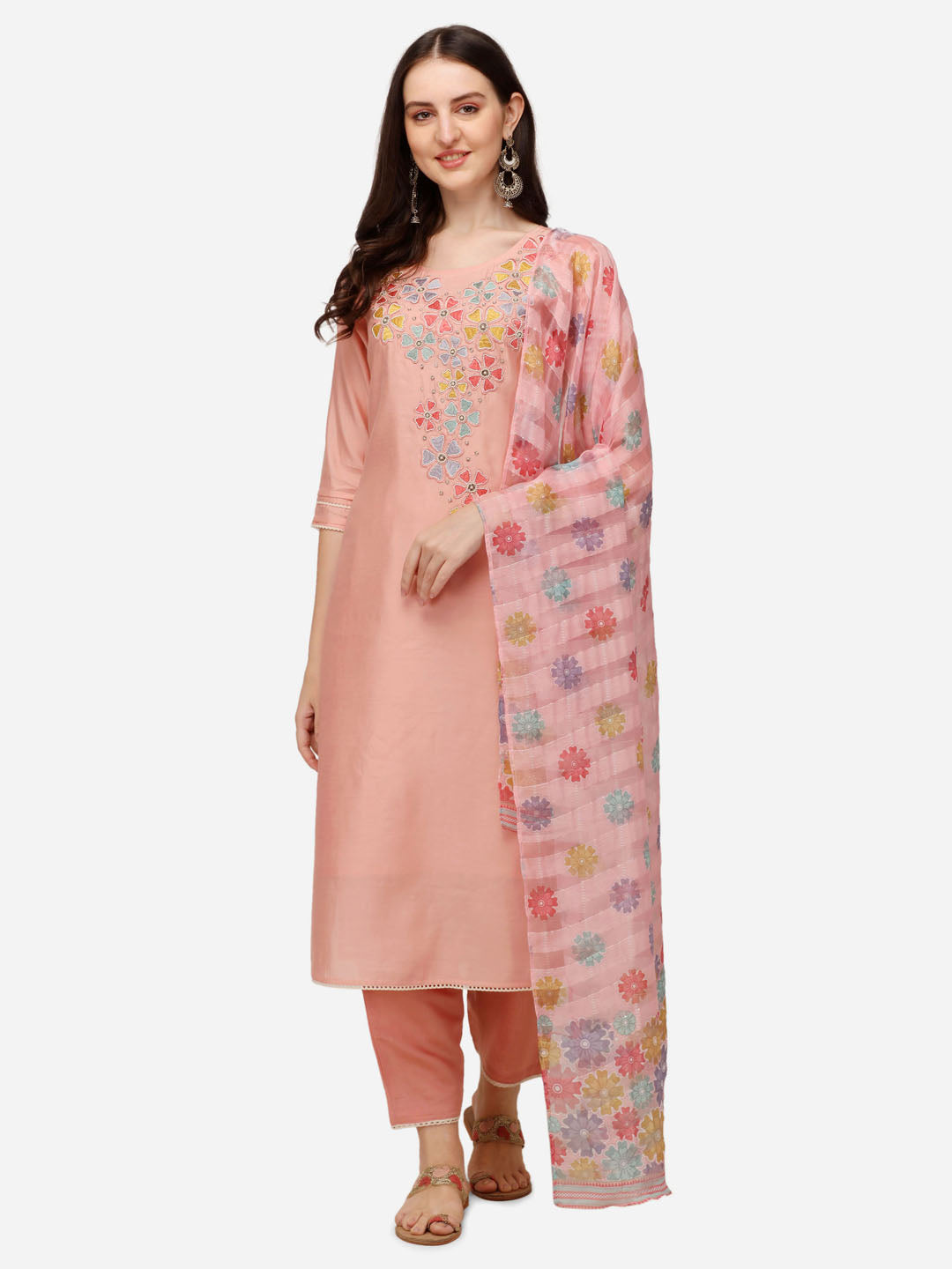 Multicolor rayon kurta set with intricate hand embroidery, matching pants, and printed dupatta