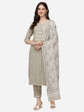 Multicolor rayon kurta set featuring floral embroidery, thread work, pants, and a matching dupatta.