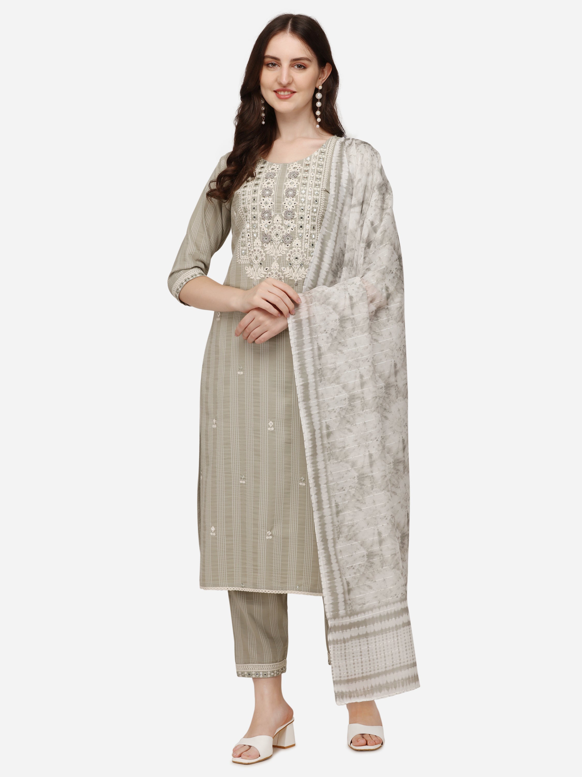 Multicolor rayon kurta set featuring floral embroidery, thread work, pants, and a matching dupatta.