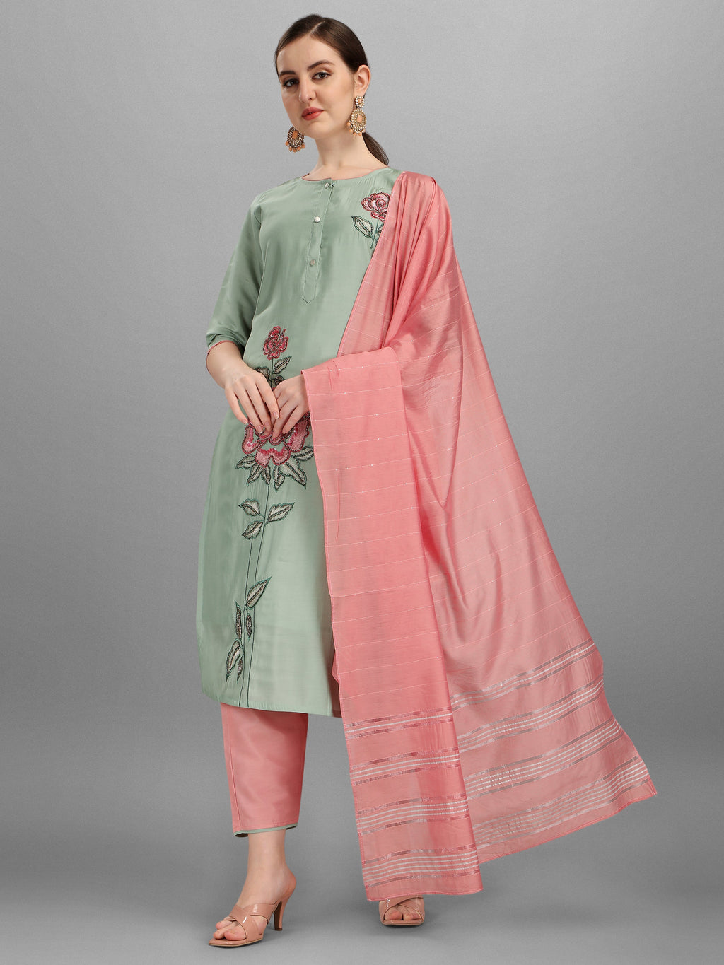 Multicolor embroidered rayon kurta set including pant and matching dupatta