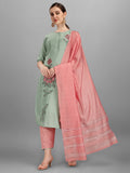 Multicolor embroidered rayon kurta set including pant and matching dupatta