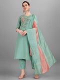 Multicolor embroidered kurta set with 3/4th sleeves, matching pant, and dupatta