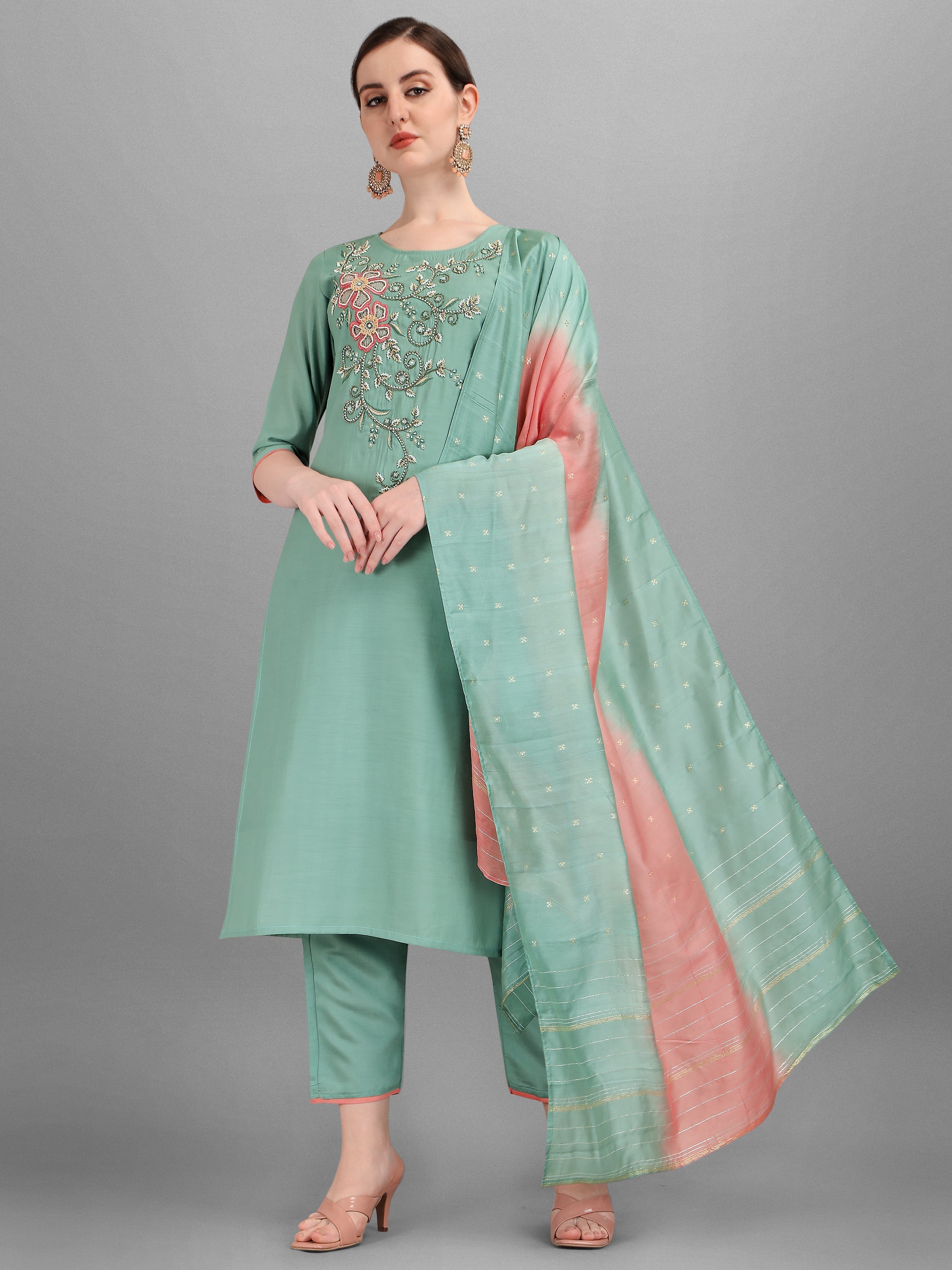 Multicolor embroidered kurta set with 3/4th sleeves, matching pant, and dupatta