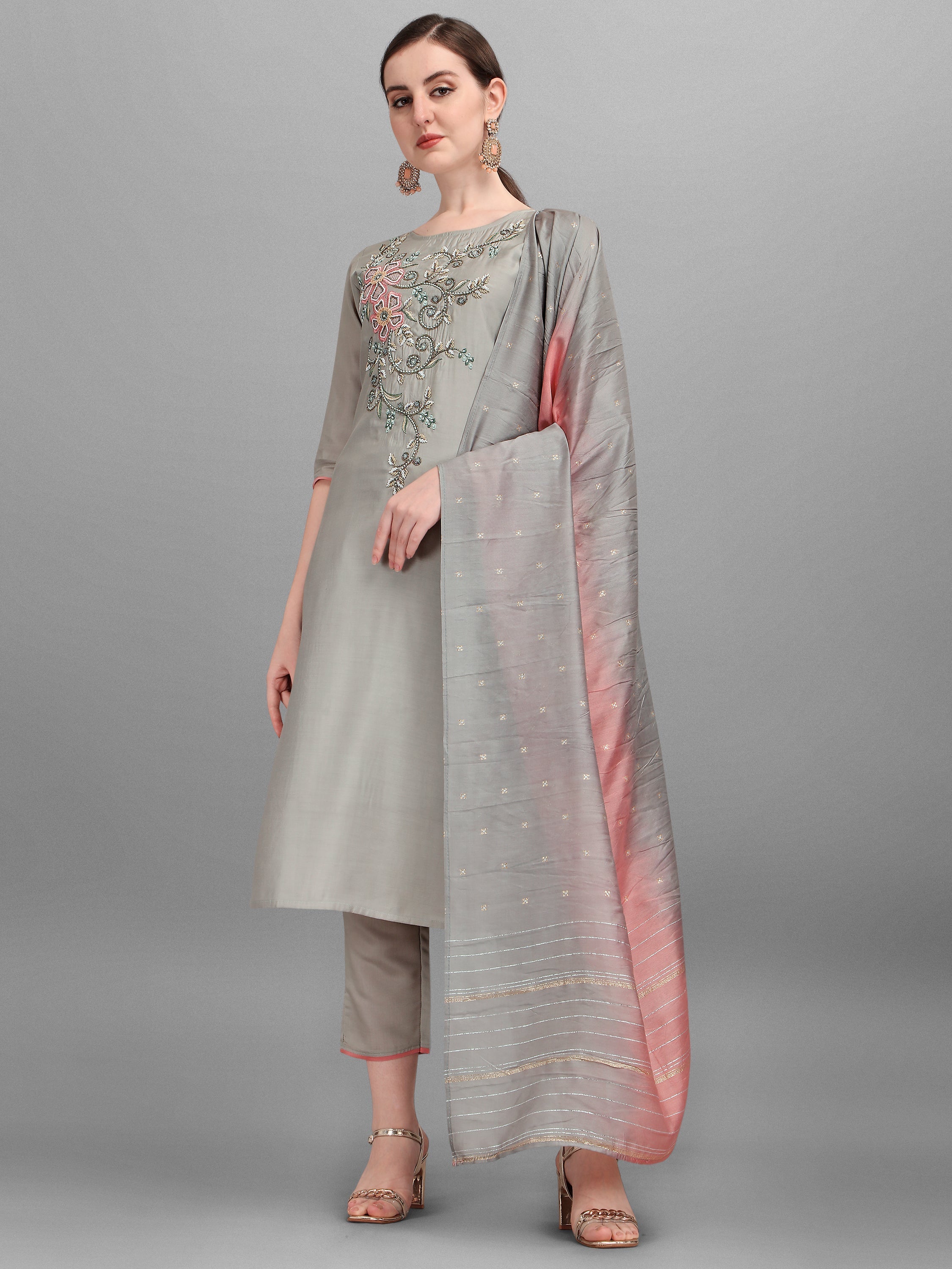 Floral embroidered multicolor kurta set made of rayon with matching pants and dupatta