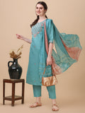 Multicolor embroidered kurta set with 3/4th sleeves, pant, and matching dupatta
