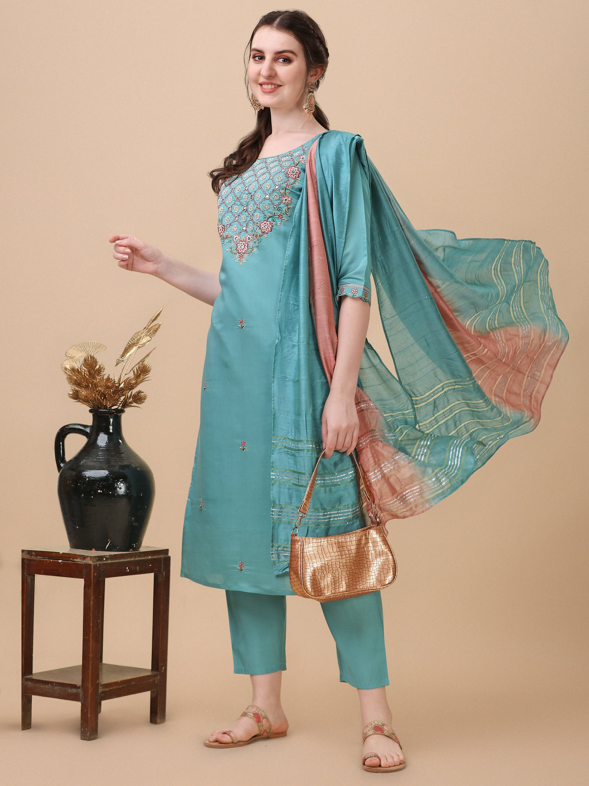 Multicolor embroidered kurta set with 3/4th sleeves, pant, and matching dupatta