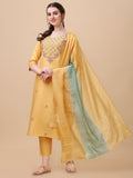 Model wearing a vibrant multicolor rayon embroidered kurta set with matching pants and dupatta.