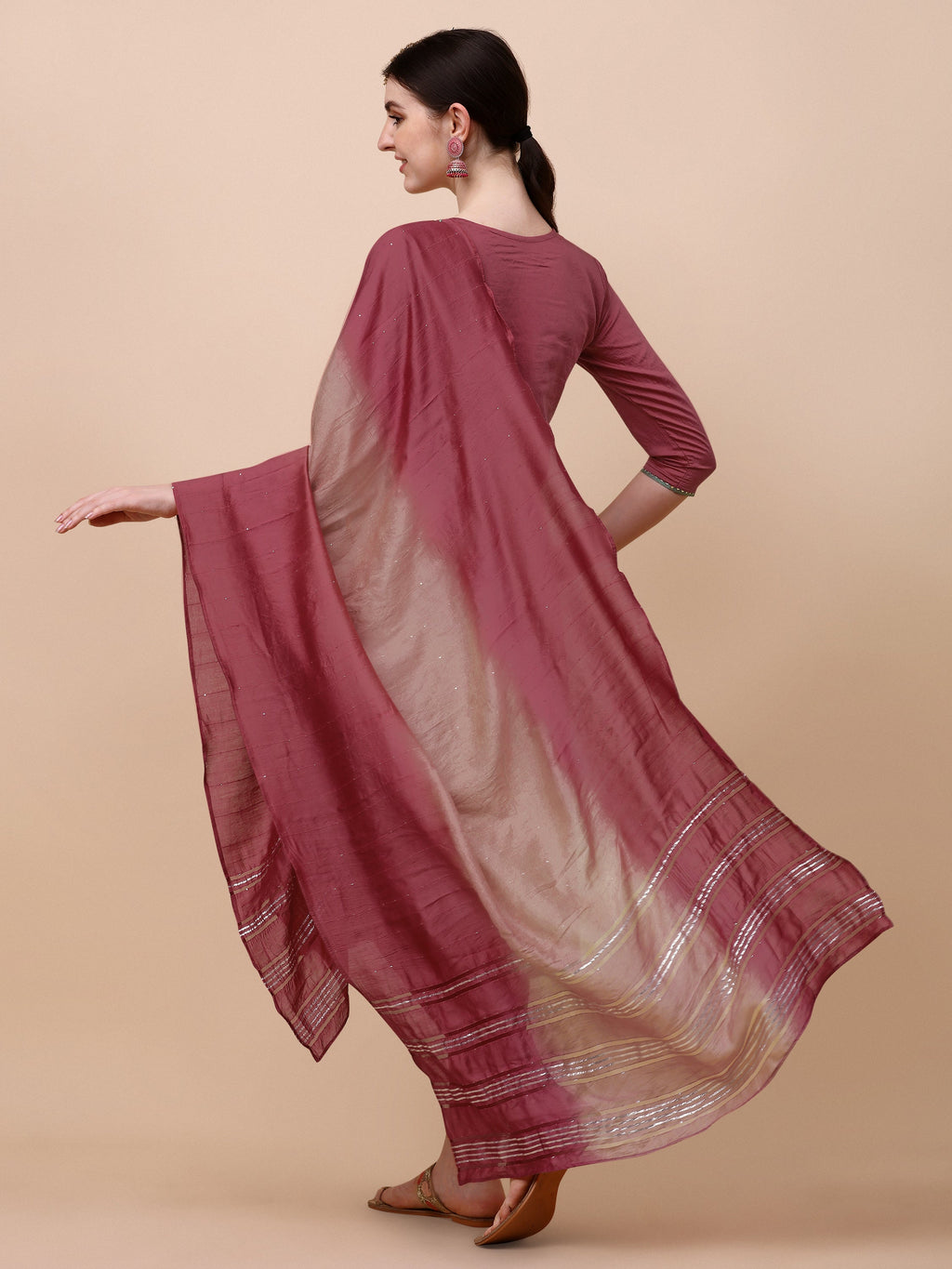 Hand Embroidered Pink Chanderi Kurta Set with Pant and Dupatta