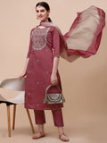 Hand embroidered pink Chanderi kurta with matching pant and dupatta set