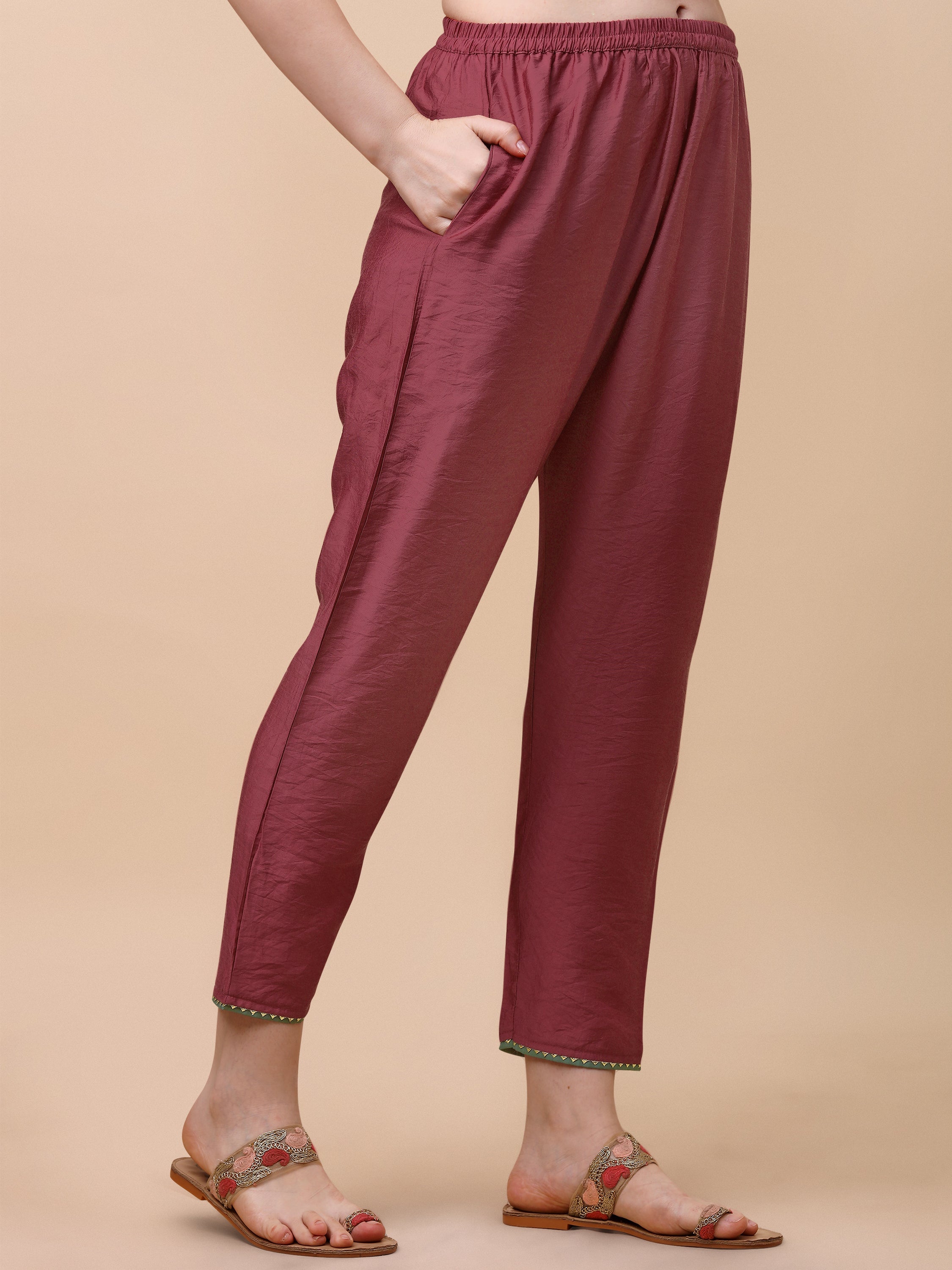 Hand Embroidered Pink Chanderi Kurta Set with Pant and Dupatta