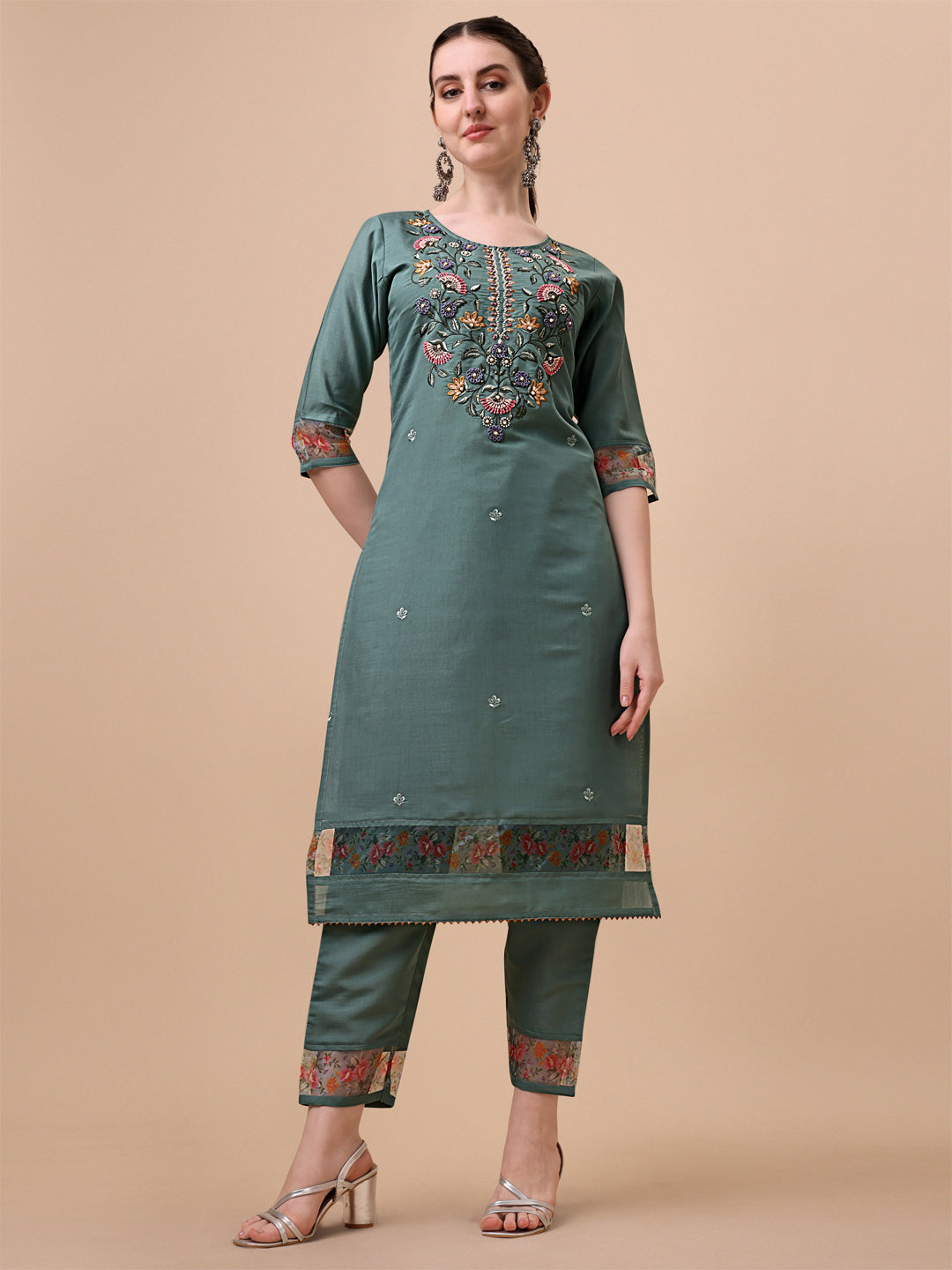 Multicolor Embroidered Rayon Kurta with Pant and Dupatta Set