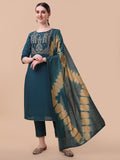 Multicolor embroidered kurta with 3/4th sleeves, coordinating pants, and dupatta.