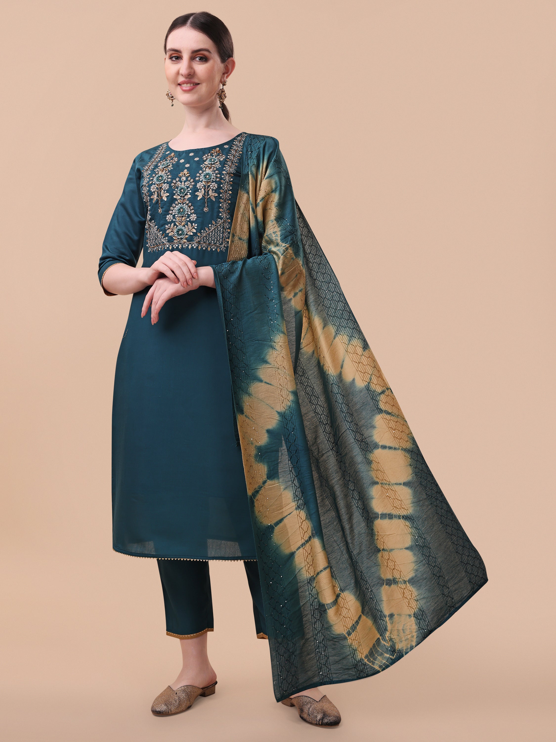 Multicolor embroidered kurta with 3/4th sleeves, coordinating pants, and dupatta.