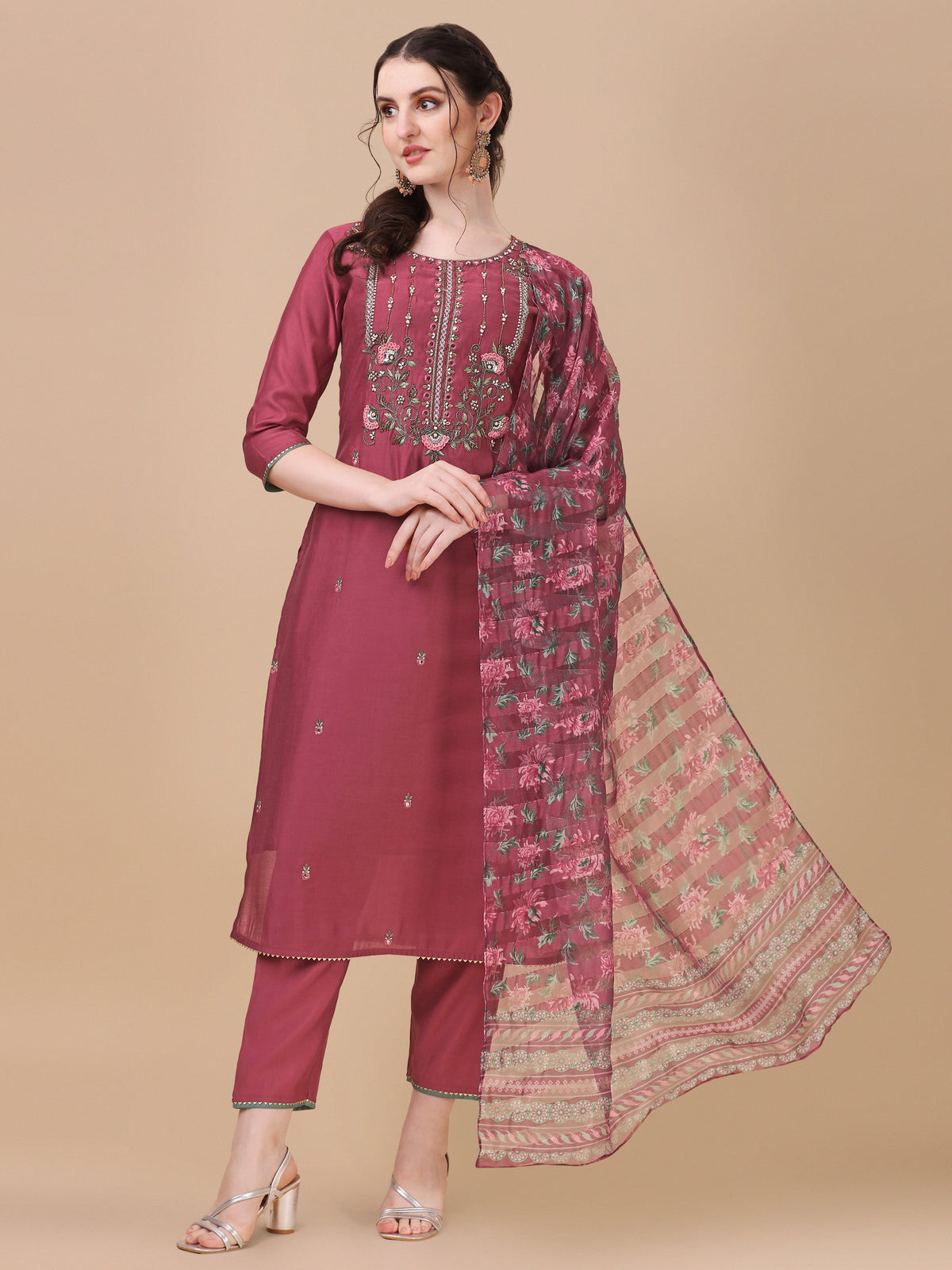 Multicolor embroidered kurta set with matching pants and printed dupatta in rayon fabric